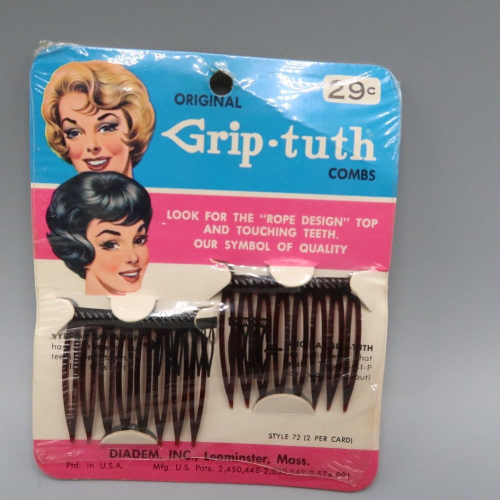 NOS Vintage 1960s Grip-Tuth Hair Combs Brown Style 72‎ 1.5" Rope Design Beauty